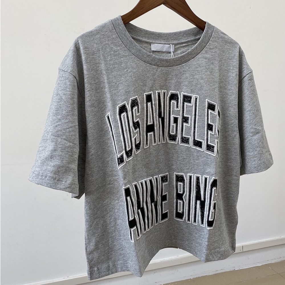 Anine Bing Letter Logo Cotton Tee Heather Grey Casual Summer Top